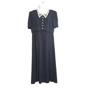 Vintage Womens Dress L Navy Blue White Piping Long Pearl Buttons Cottage core